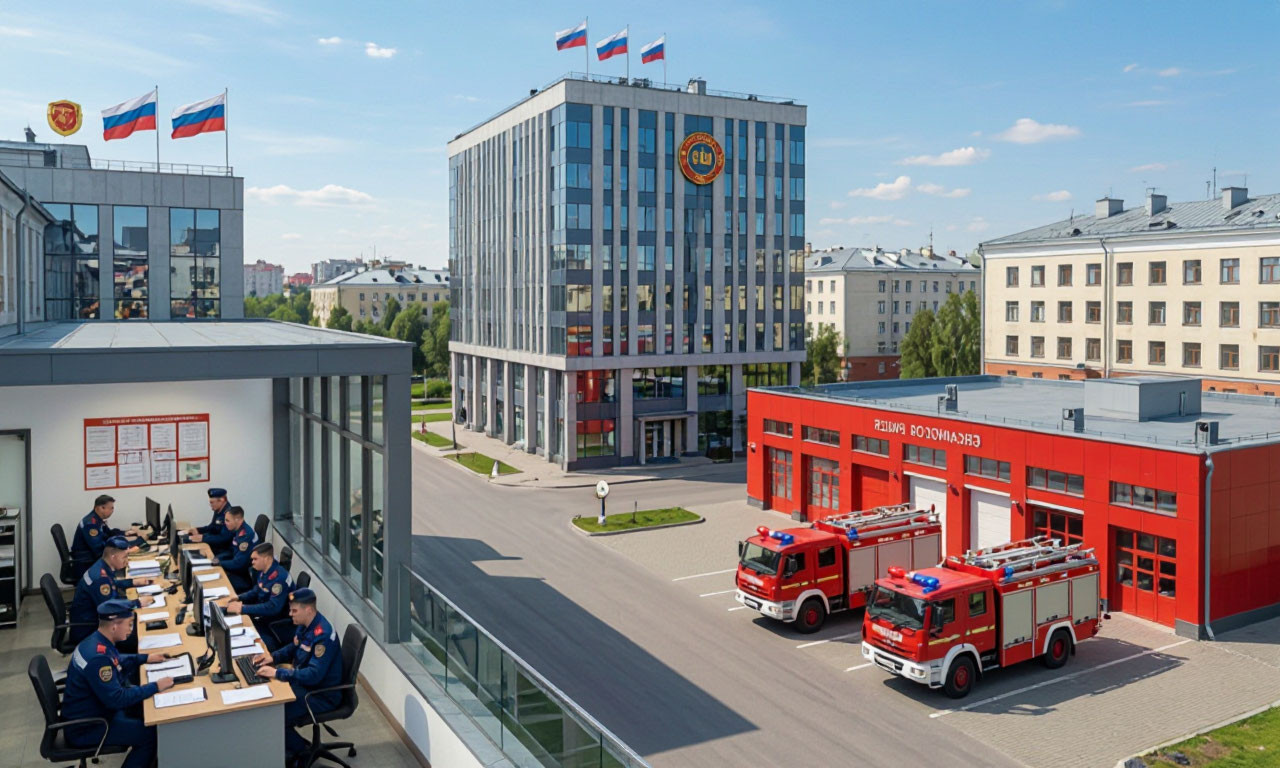 Административное здание МЧС на фоне вечернего города